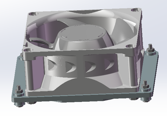 CAD model of a fan assembly with four-point mounting hardware