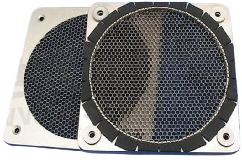 EMI shielding honeycomb vent panels showing hexagonal cell geometry for waveguide-below-cutoff RF attenuation