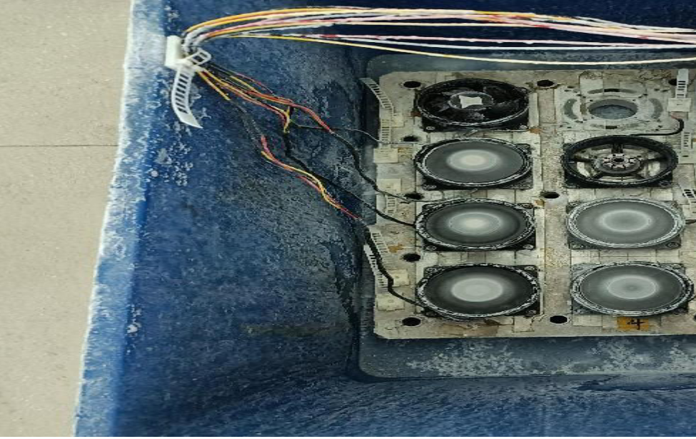 Perseus fan module after 1000-hour seawater immersion testing showing salt deposits on the assembly