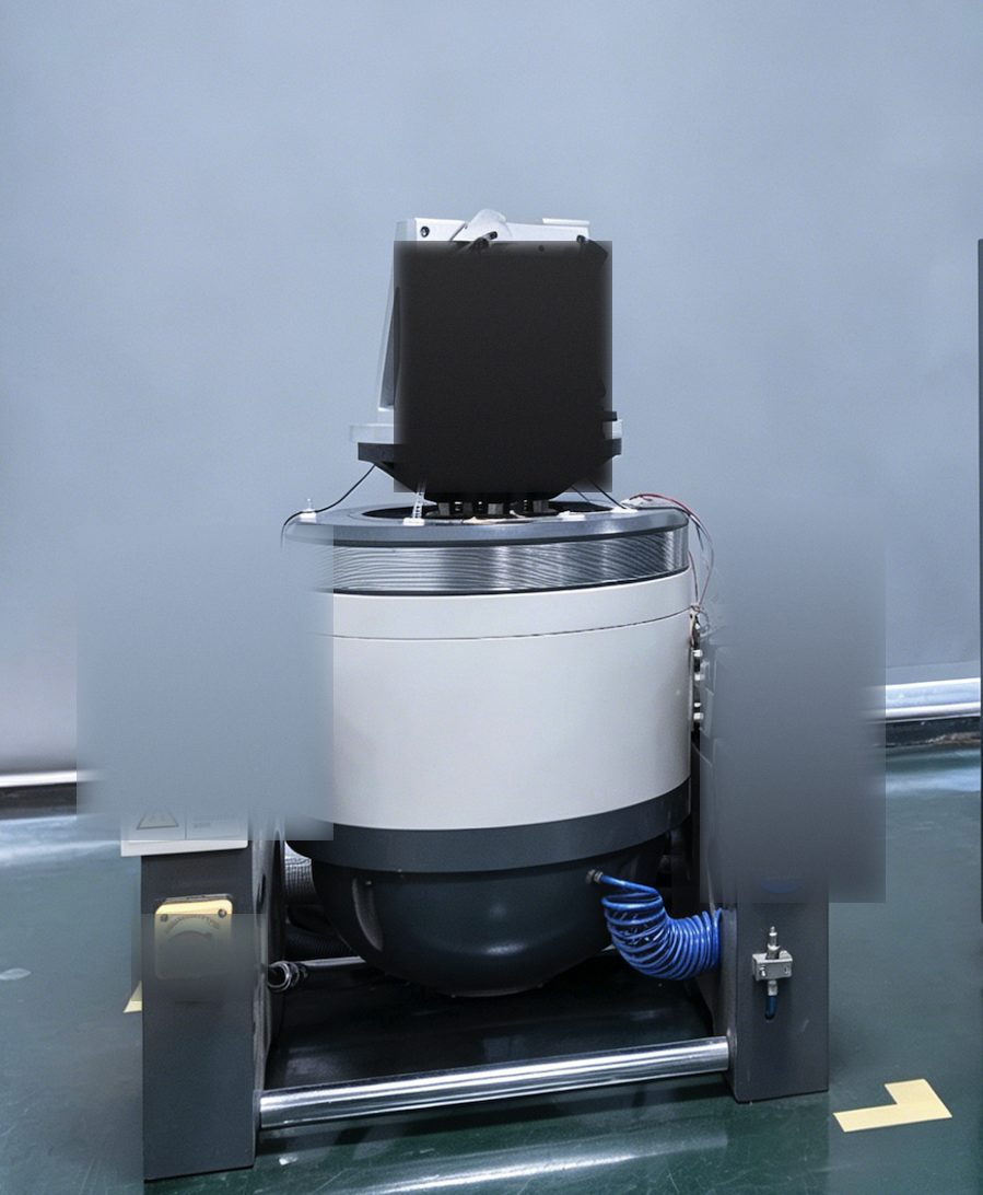 Electrodynamic vibration shaker used for Perseus qualification testing, with a black test fixture mounted on the armature and a steel support frame